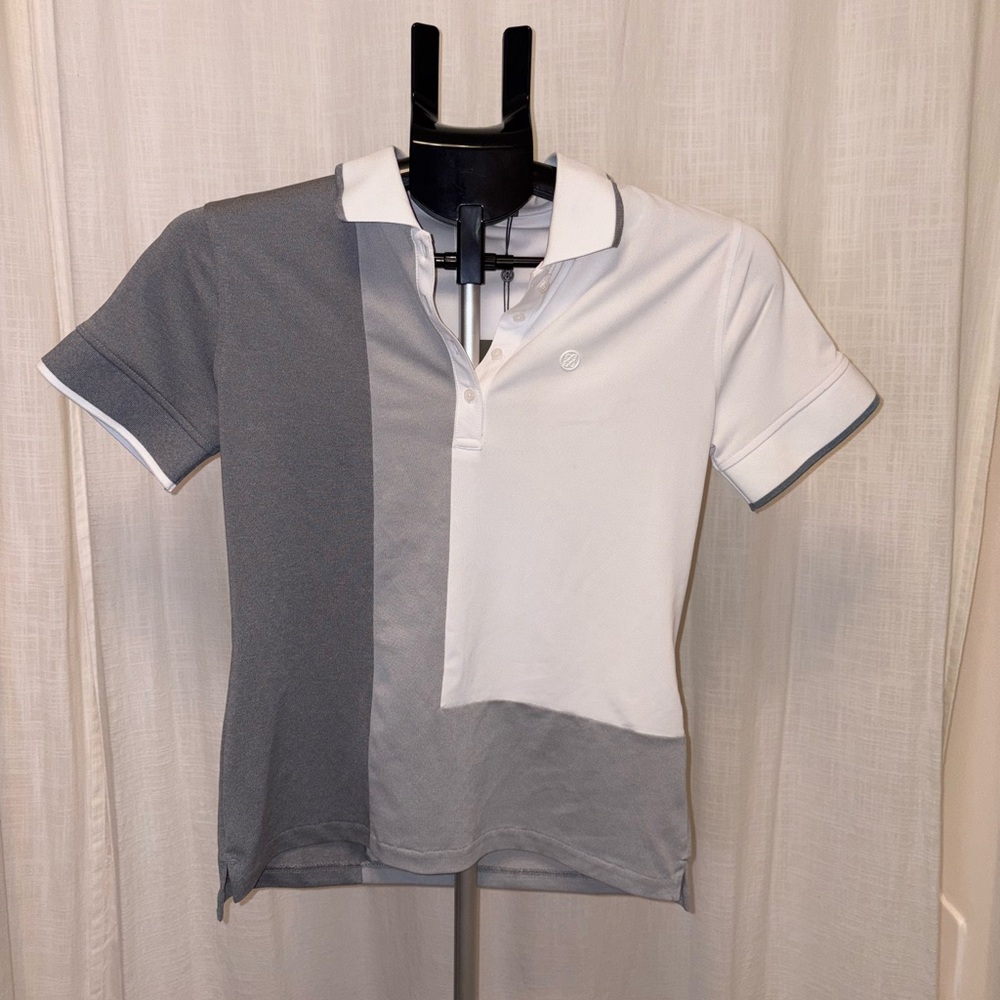 G/FORE NWOT XS Women’s SS Golf Polo Grey and White Color Block